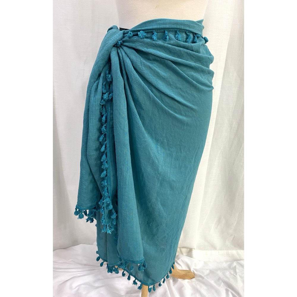 Teal Sarong Versatile Wrap One Size Pom Pom Trim Beach Cover Up Boho Coastal
